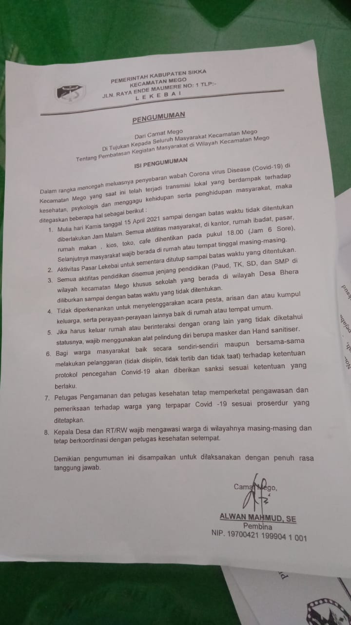 Covid-19 Melonjak, Camat Mego-Sikka  Keluarkan Himbauan, Cek di Sini