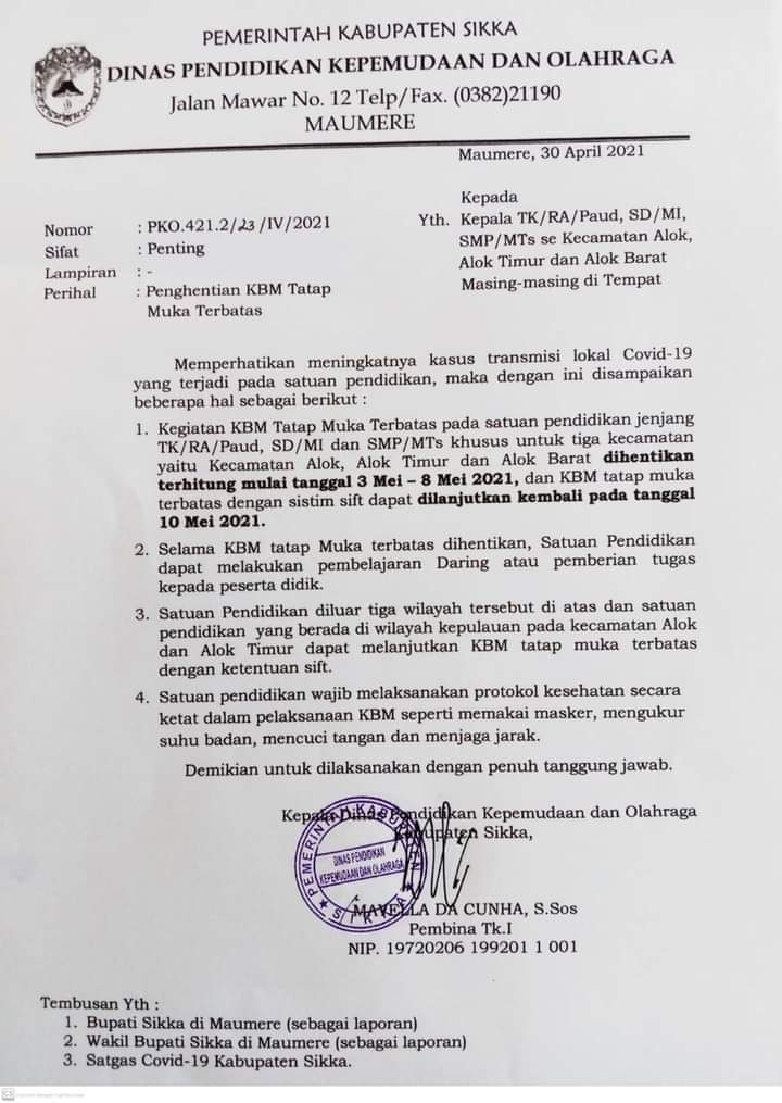 Dinas PKO Sikka Kembali Menghentikan KBM Tatap Muka Terbatas