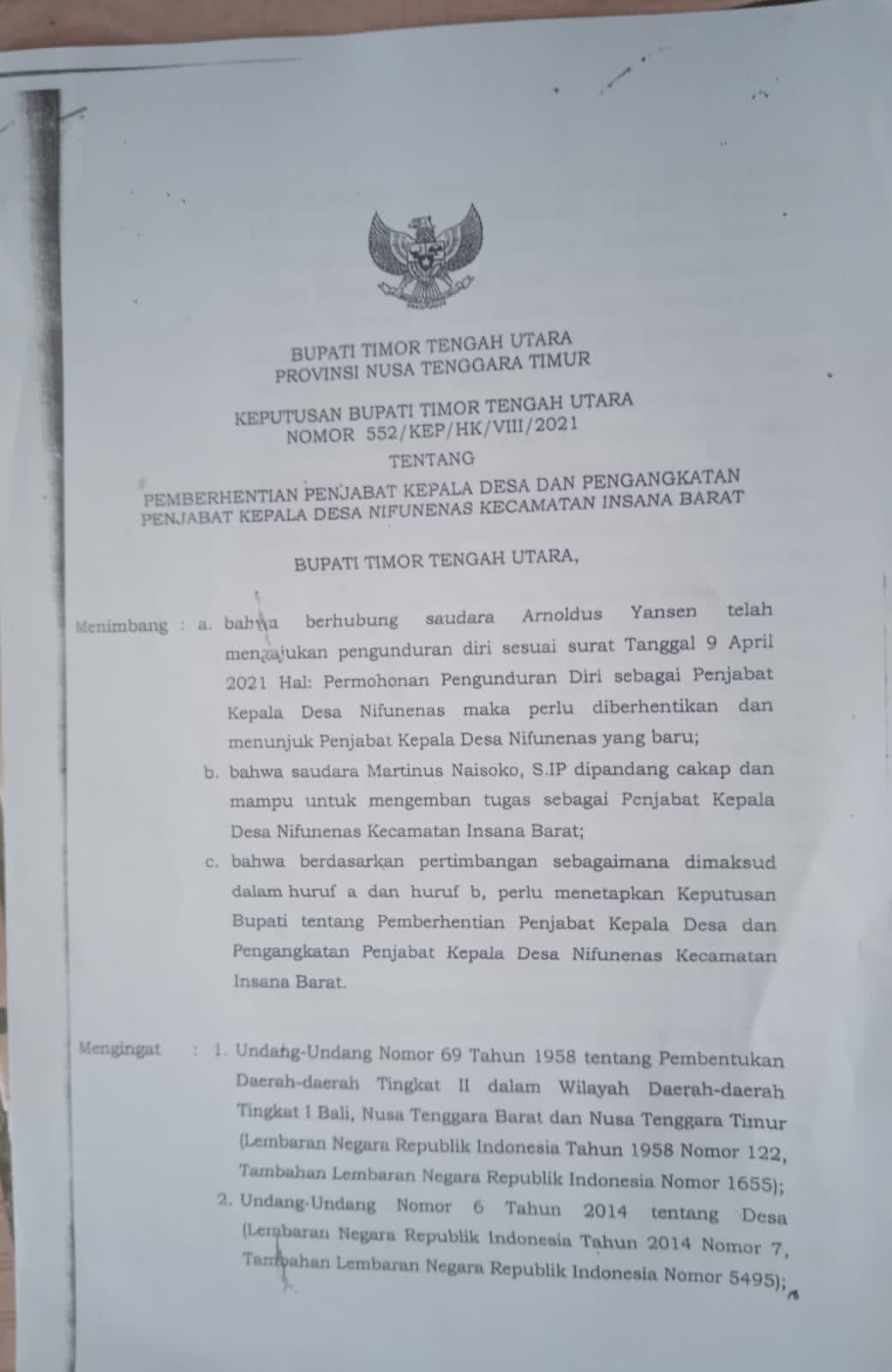 BPD Desak Bupati TTU Batalkan SK Pelantikan Kades Nifunenas