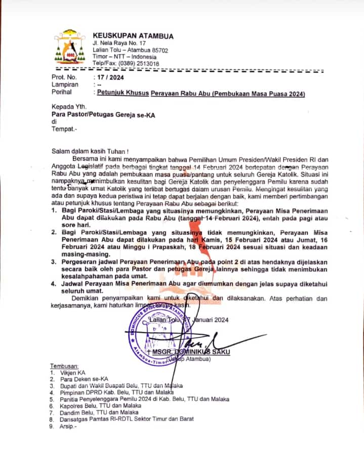 Rabu Abu Bertepatan dengan Pemilu 2024, Uskup Atambua Keluarkan Surat Petunjuk 