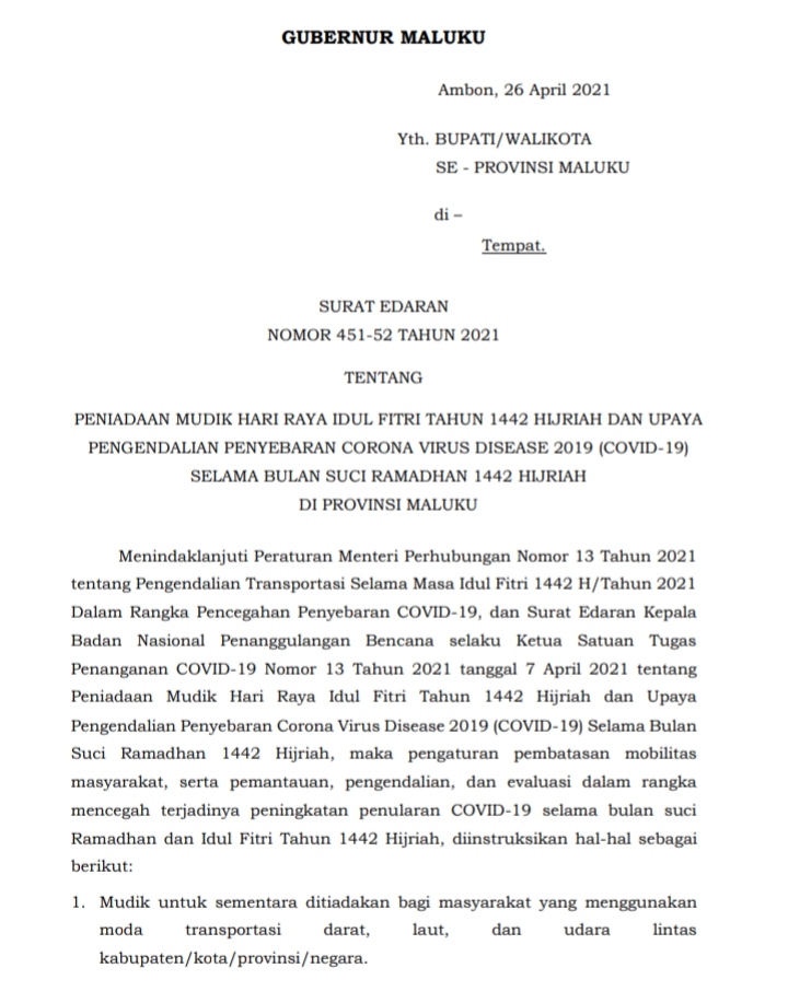 Gubernur Maluku Resmi Melarang Mudik Apa saja instruksinya? Simak disini 