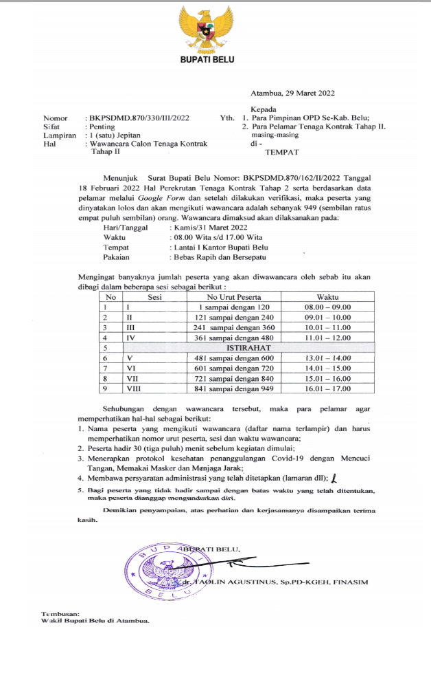 Pemda Belu Akan Gelar Tes Wawancara Bagi 949 Calon Tekoda Tahap II