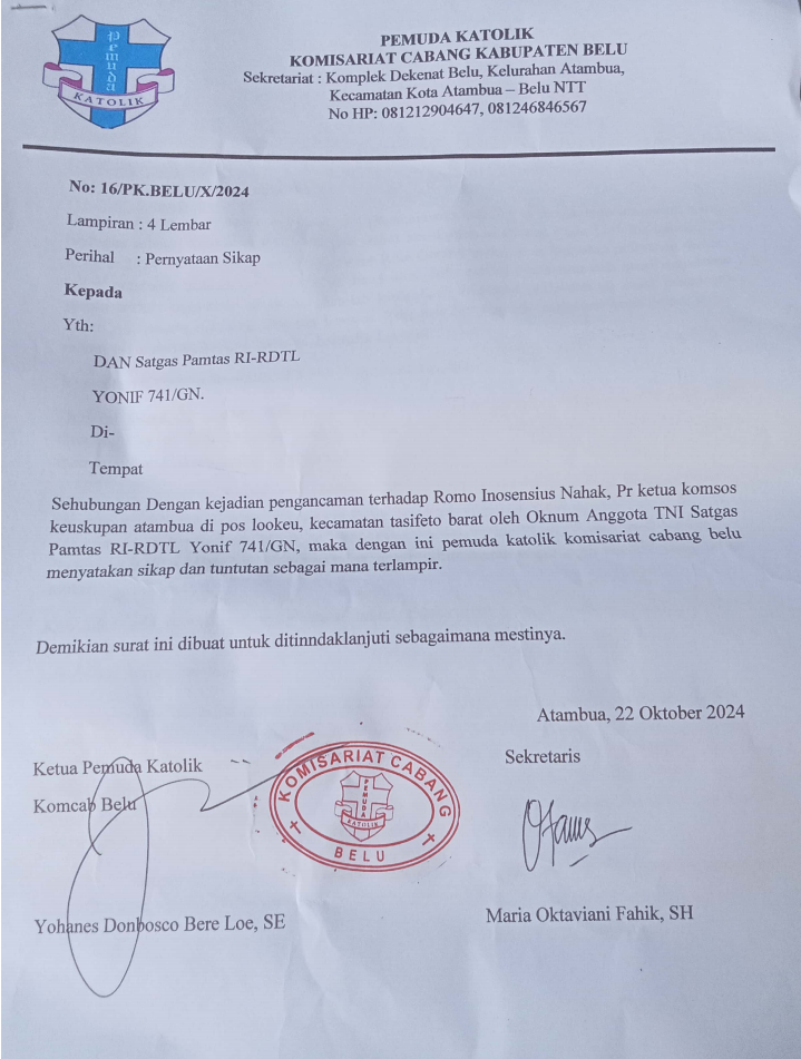 Pemuda Katholik Komcab Belu Kutuk Keras Tindakan Oknum TNI Terhadap Imam Katholik Di Pos Lo'okeu